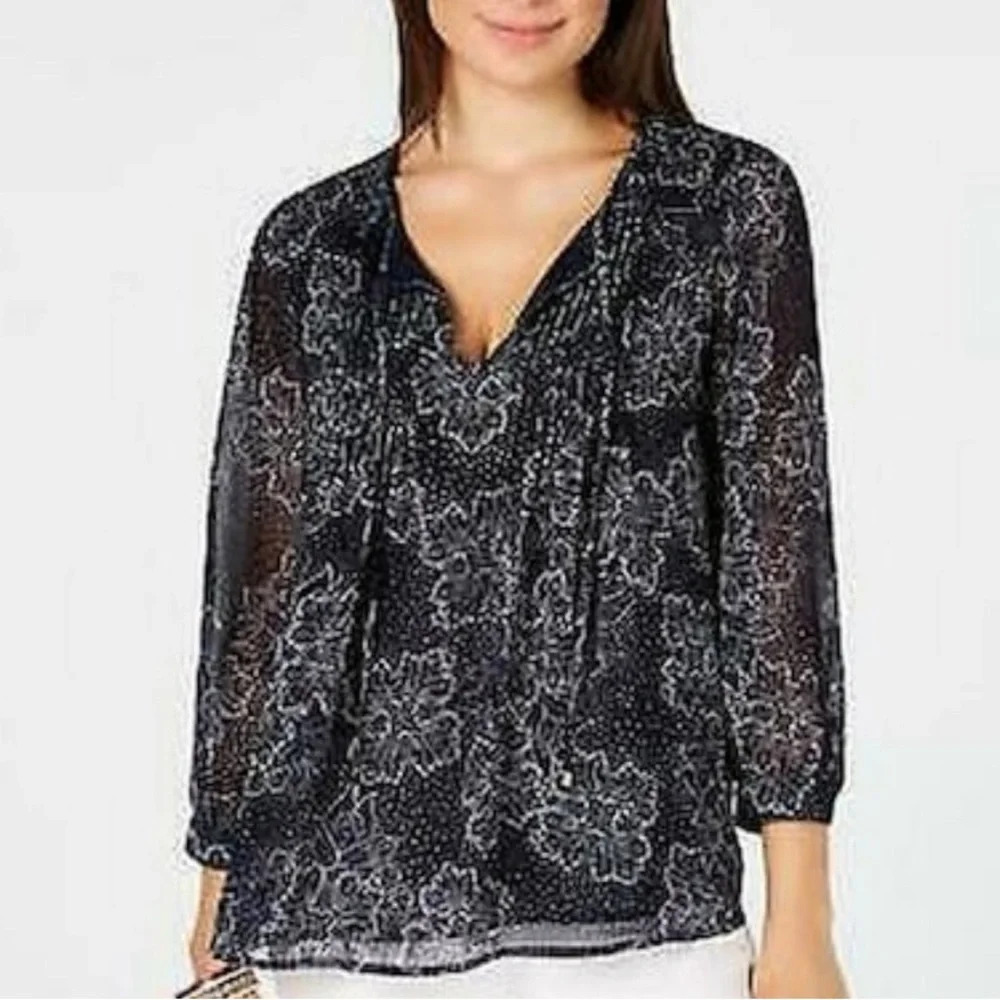 Tommy Hilfiger Sheer Floral Pintuck Blouse Boho Coastal Cottage Navy Small NEW